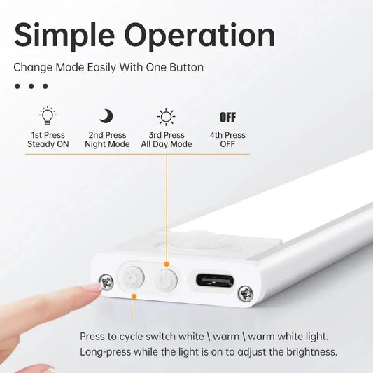LED Motion Sensor Under Cabinet Light – USB Wireless, 3-Color, Kitchen & Wardrobe Lighting